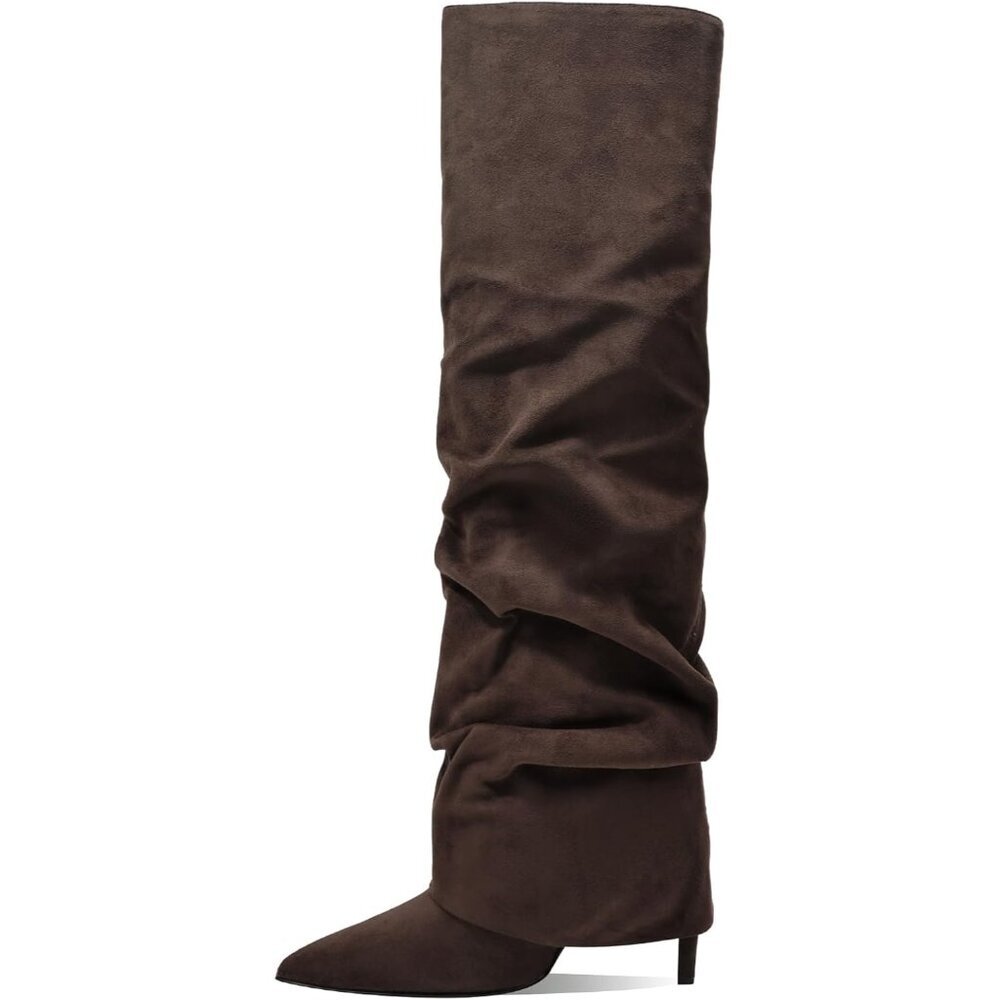 Women's Brown-Suede Knee High Fold Over Wide Calf Pointed Toe Long Heel Boot